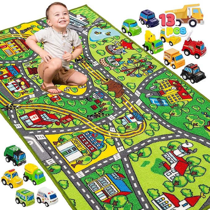 Carpet Playmat w/ 12 Cars Pull-Back Vehicle Set for Kids Age 3+, Jumbo Play Room Rug, City Pretending Play