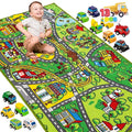 Carpet Playmat w/ 12 Cars Pull-Back Vehicle Set for Kids Age 3+, Jumbo Play Room Rug, City Pretending Play