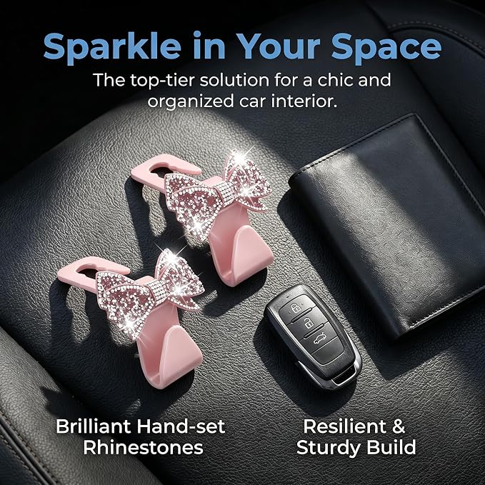 2PCS Bling Bow Car Seat Headrest Hooks, S Type Crystal Rhinestone Bowknot Auto Seat Back Storage Hooks, Diamond Cute Bow Vehicle Storage Organizer, Universal for Purses Bags Groceries(Pink)