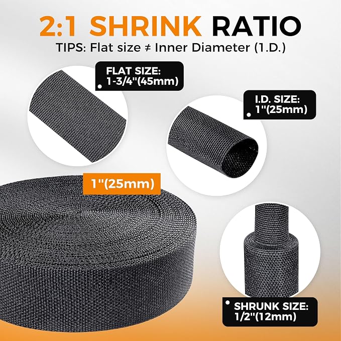 Black 2:1 Ratio Automotive Heat Shrink Braided Sleeving,Wear-Resistant Flat Woven Shrinkable Sleeve Fabric Car Cable Wires Hoses Protection (1"-8ft)
