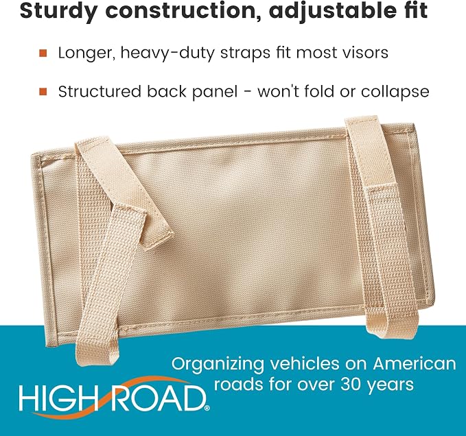 Car Visor Organizer with Zippered Pockets, Sunglasses Sleeve and Clear Photo or Registration and Insurance Pocket - Heavy Duty Straps Fit Most Car, SUV and Truck Visors - Tan