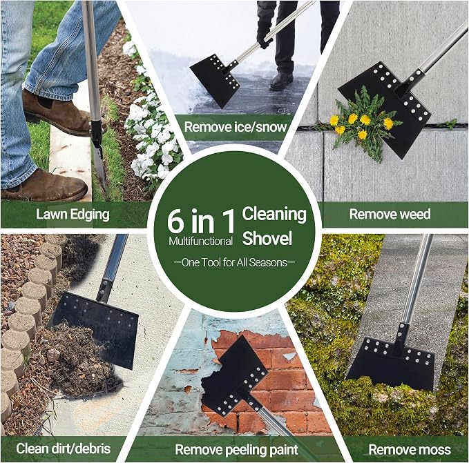 63 Inch One-Piece Handle Weed Scraper Garden Flat Shovel Floor Scraper Long Handle Heavy Duty Multi Weeding Shovel with 11 Inch Spring Steel Blade for Ice, Weed, Dirty, Moss, Lawn Edging