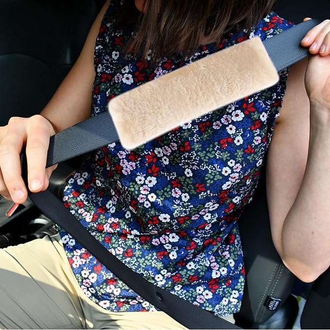 Authentic Sheepskin Seatbelt Cover Real Wool Car Truck SUV Airplane Seat Belt Shoulder Pad for Carmera Backpack Straps Neck Cushion Protector 2 Pack Beige