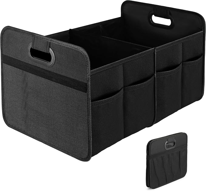 Car Trunk Organizer, 2 Compartments Anti-slip 14" D x 22" W x 12" H Collapsible Trunk Storage, 600D Oxford Polyester Car Storage, Suitable for SUV, Minivan, Truck, Black
