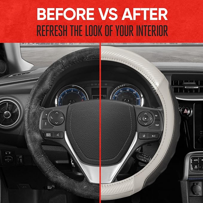 UltraSport White Carbon Fiber Steering Wheel Cover, Standard 15 inch Size, Black Faux Leather Comfort Grip, Car Steering Wheel Cover for Auto Truck Van SUV