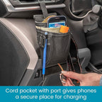 DriverPockets Car Phone Holder Air Vent Pouch and Front Seat Organizer with 3 Pockets, Hanging Hooks and Charging Port