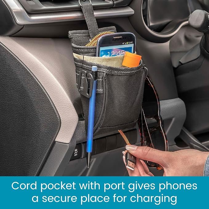 DriverPockets Car Phone Holder Air Vent Pouch and Front Seat Organizer with 3 Pockets, Hanging Hooks and Charging Port