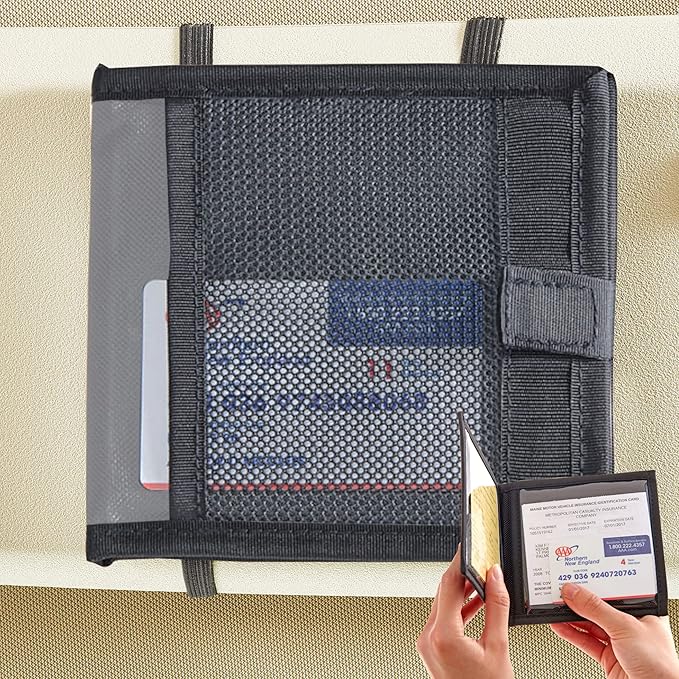 Car Registration and Insurance Card Holder for Sun Visor, Glove Box or Console with 2 Clear Hidden Car Document Pockets and Front Mesh Card Pocket