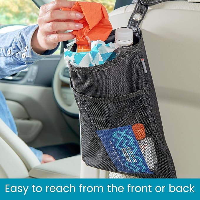 TrimTrash Hanging Car Garbage Bag - Slim and Leakproof Car Trash Bag with Magnetic Closure and Storage Pocket - Attaches to Seat, Glovebox or Console