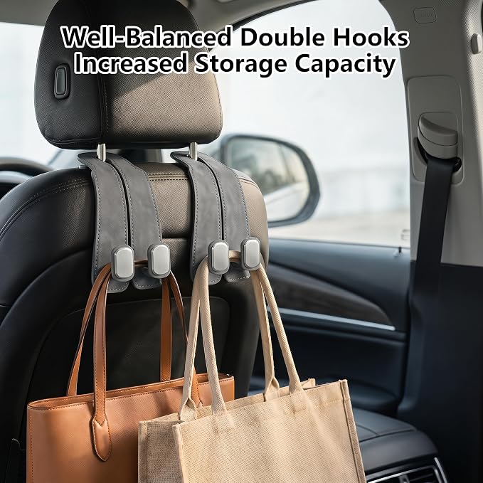 Car Seat Headrest Hooks for Purses & Shopping Bags, 2 Pack Suede Car Purse Hook, Double Hooks Secure Bags While Driving, Elegant & Durable, Simple to Install, Fits Handbags, Grocery Bags, Bottles.