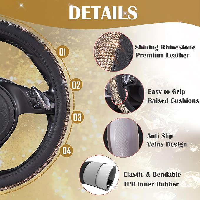 Bling Champagne Diamond Steering Wheel Cover, Black Leather Universal Fit 14.5-15inch Glitter Rhinestones for Women Sparkle Crystal Girly Shining for SUV,Vans,Sedan,Car,Truck, Black Champagne