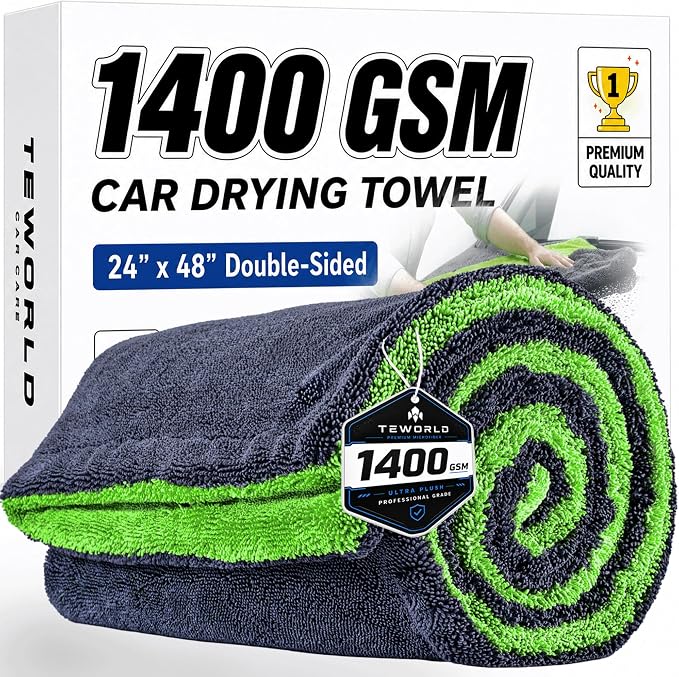 Car Drying Towel, Extra Large 48 x 24 Inch, 1400 GSM, Dual-Color | Twisted Loop Microfiber Towel for Cars - Absorbent Car Dry Towel and Car Wash Towel for Streak-Free, Paint-Safe Car Detailing