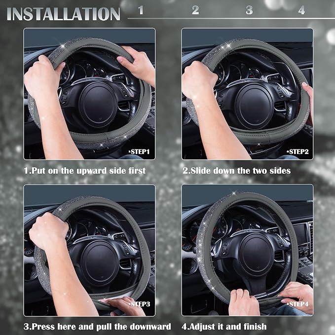 Bling Diamond Leather Steering Wheel Cover, with Bling Sparkly Crystal Glitter Rhinestones Universal Fit 14" 1/2-15" Car Wheel Protector for Women Girl Fit Suvs,Vans,Sedans,Cars,Trucks, Gray