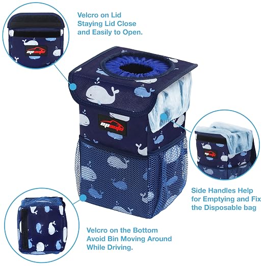 Waterproof Car Trash Can with Lid and Pockets, 1.8 Gal, Blue | Leakproof, Collapsible Multipurpose Car Bin with 3 Side Storage Pockets, Adjustable Straps
