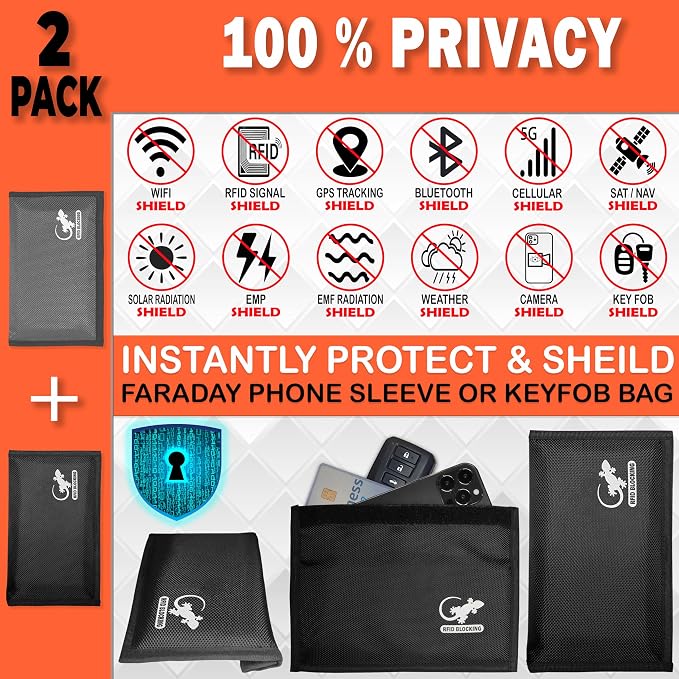 Faraday Bag Anti-Tracking GPS RFID Car Key Signal Blocker Wallet Shielding Pouch Protective Case for Cell Phone Car Key FOB, Data Privacy, Electronic Device Security (2 Pack - Black and Gray)