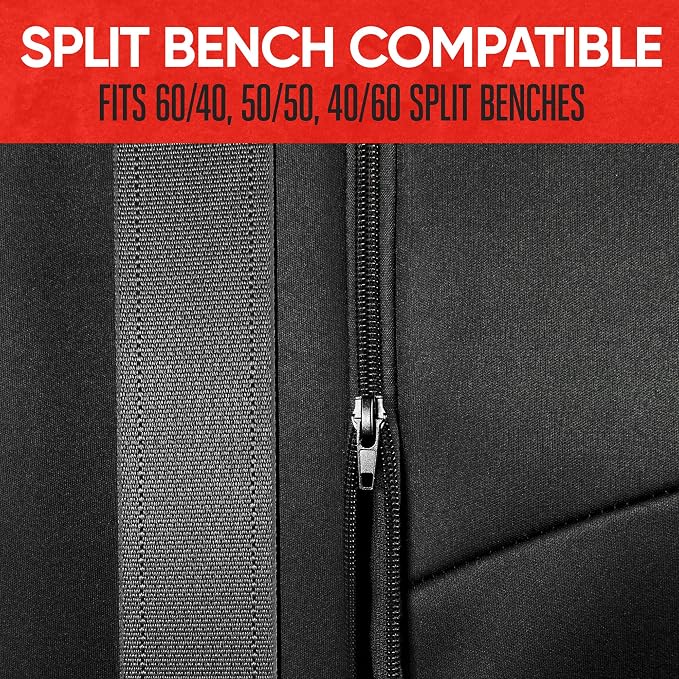 SpillGuard Waterproof Rear Bench Car Seat Cover, Red Stitching – Split Bench Rear Seat Protector with Neoprene Padding, Back Seat Cover for Kids & Dogs, Car Interior Covers