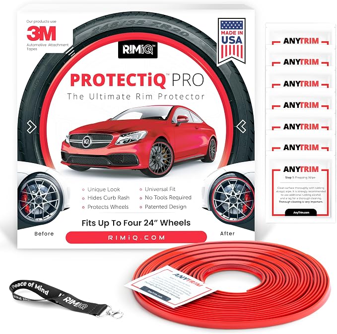 PROTECTiQ PRO Universal Rim Protection Trim - Curb Rash Guard with Award-Winning Patented Design and Premium 3M Tape - Fits Up to 4X 24 Wheels, Cars, Trucks, SUVs - Red