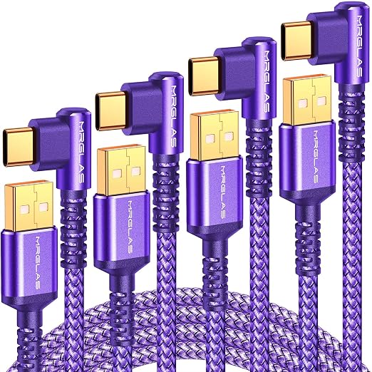 3.2A USB C Charger Cable, [4-Pack,10+6.6+3.3+1.6FT] USB A to USB C Right Angle Gold-Plated Type C Charger Fast Charge Durable Braided Cord for iPhone 17 16 15 Samsung S10 Note 10 S21 LG-Purple