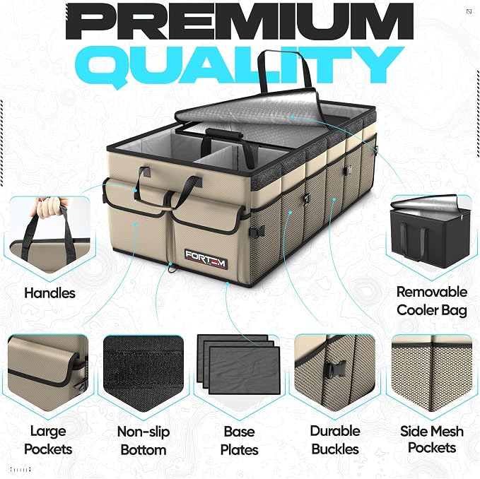 Trunk Organizer with Cooler For SUV Car Trunk, Foldable Storage, Car Accessories for Women Men, Collapsible Bag, 600D Oxford, Non Slip Bottom, Straps, Soft Cover (105L)