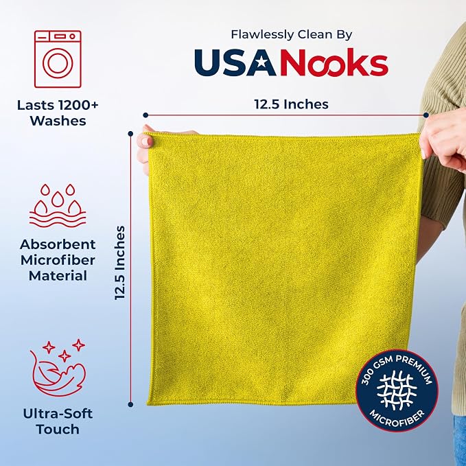 Microfiber Cleaning Cloth Yellow - 12 Pcs 12.5"x12.5" - High Performance - 1200 Washes, Ultra Absorbent Towels Weave Grime & Liquid for Streak-Free Mirror Shine - Car Washing Cloth