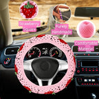 Crochet Steering Wheel Cover Set,Cute Car Steering Wheel Cover Boho 14-15in,Pink Strawberry Granny Square Pattern,Women Car Accessories (Wheel Cover Set)