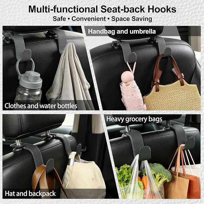 Car Seat Headrest Hook, Universal Vehicle Storage Hanger, Leather with Metal Car Seat Back Organizer for Handbag, Purse, Coat, Ergonomic Design, Gray 2 Pack