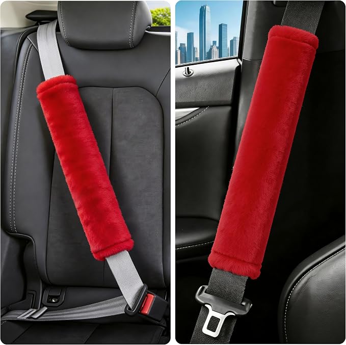Soft Faux Fur Universal Fit Seatbelt Cover Car Truck SUV Airplane Seat Belt Shoulder Pad for Carmera Backpack Straps Neck Cushion Protector Extra Long 15.7in Red