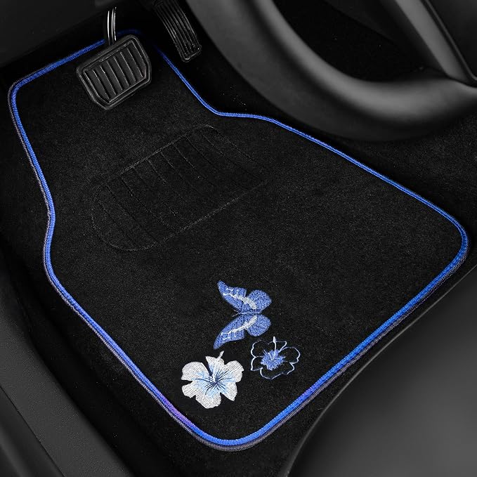 Universal Fit Embroidery Butterfly and Flower Car Floor Mats, Blue Car Floor Mats Fit 95% Automotive,SUVS,Sedan,Vans,for Women,Girly,Set of 4 (Black with Blue)