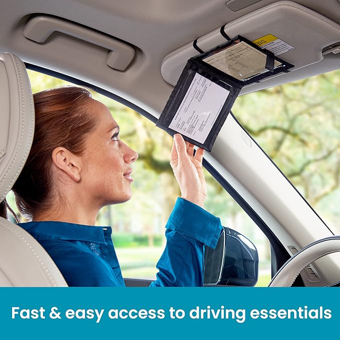 Car Registration and Insurance Card Holder for Sun Visor, Glove Box or Console with 2 Clear Hidden Car Document Pockets