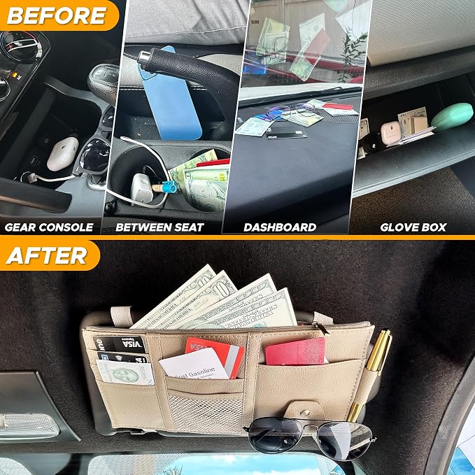 Car Sun Visor Organizer (Beige) | Multi-Pocket Net Zipper Case for Cash, Card, Pen & Sunglass | Visor Organizer Storage Pouch | Interior Accessories with Pocket for Car & Truck | Small