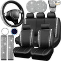 Leather Bling Seat Covers Full Sets 16 pcs, Bling Diamond Car Accessories Set for Women, Sparkly Rhinestone Steering Wheel Cover, Glitter Cute Car Interior Sets for Women Girl, Silver Diamond