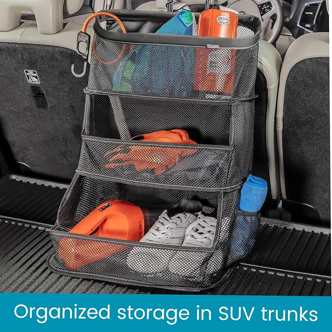 Car Storage Organizer – 3-Bin Hanging Organizer for SUV Trunk or Car Seat | Multipurpose Car Organizer Holds Driving Essentials, Kids Trip Needs or Emergency and Cleaning Supplies