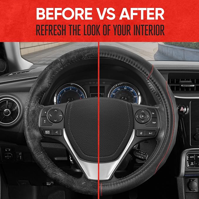 GripDrive Faux Black Leather Steering Wheel Cover for Car Truck Van SUV, Standard 15 inch Size, Red Accent Stitched Car Steering Wheel Cover Vehicle & Auto Accessories