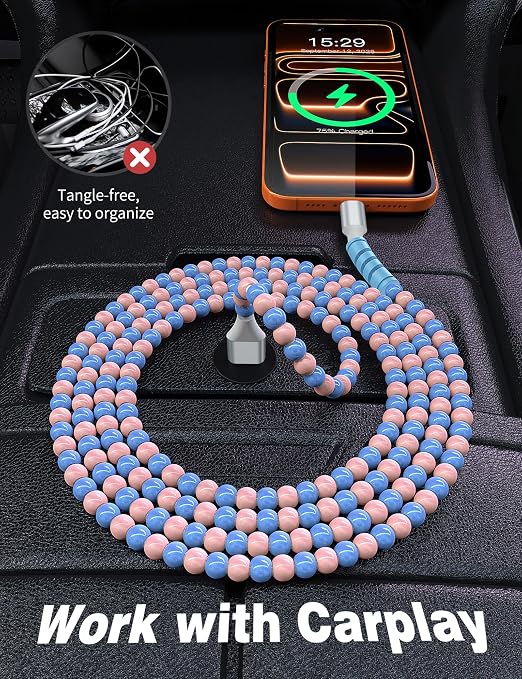 USB A to USB C Cable 3FT,Beaded Charger Cord for iPhone 17 16 Pro Max 16e 15 Car play,Cute TypeC Car Charger Charging Cord for iPad 10 11th/Samsung S26 S25 S24/Pixel/Android Phone Girls Women,PinkBlue