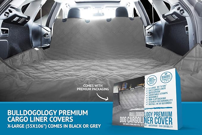 Bulldogology SUV Cargo Liner for Dogs 55"x106" Heavy Duty Pet Trunk Cargo Cover - Dog Car Seat Cover Waterproof Nonslip - Dog Hair, Muddy Paws, Scratches Protector for Cars Vans SUVs (X-Large, Grey)
