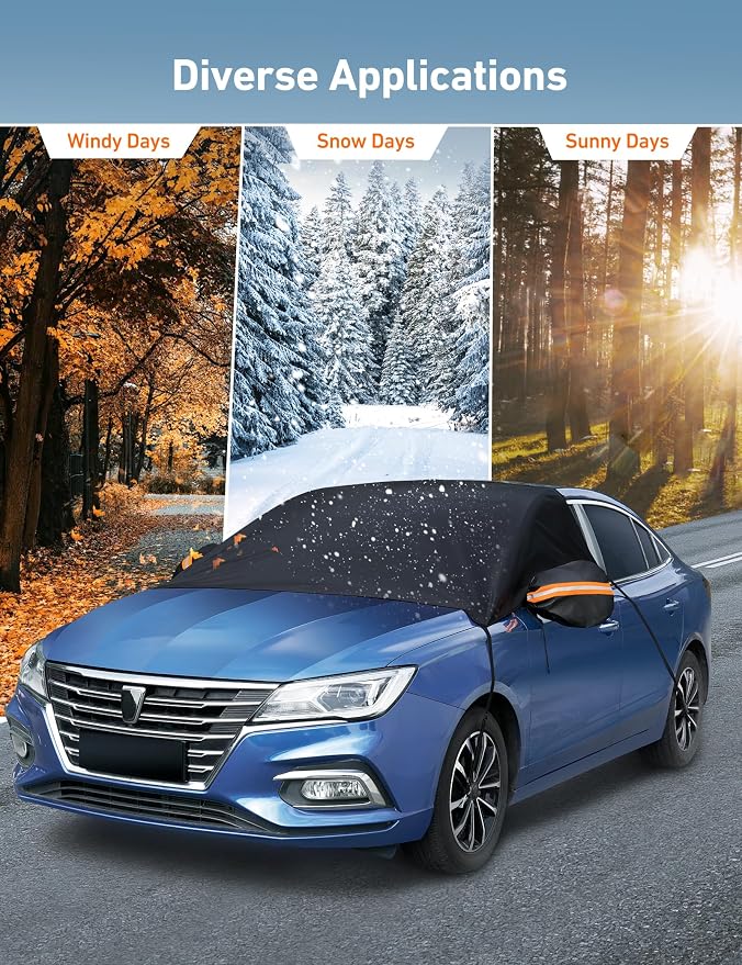 Car Windshield Snow Cover, Windshield Cover for ice and Snow, Frost Windshield Cover for Ice, 2*Removal Side Mirror Protector, Windproof UV Sunshade Cover for Cars, SUVs, Vans