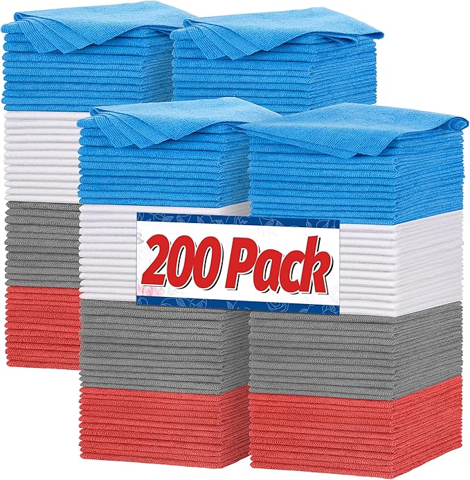 Shop Towels, Microfiber Cleaning Cloth Bulk, 200 Pack Microfiber Towels for Cars, All-Purpose Absorbent Cleaning Rags, Dust Cloth for Automotive, Mechanic, Garage, Bar, 11.5 x 11.5 inch