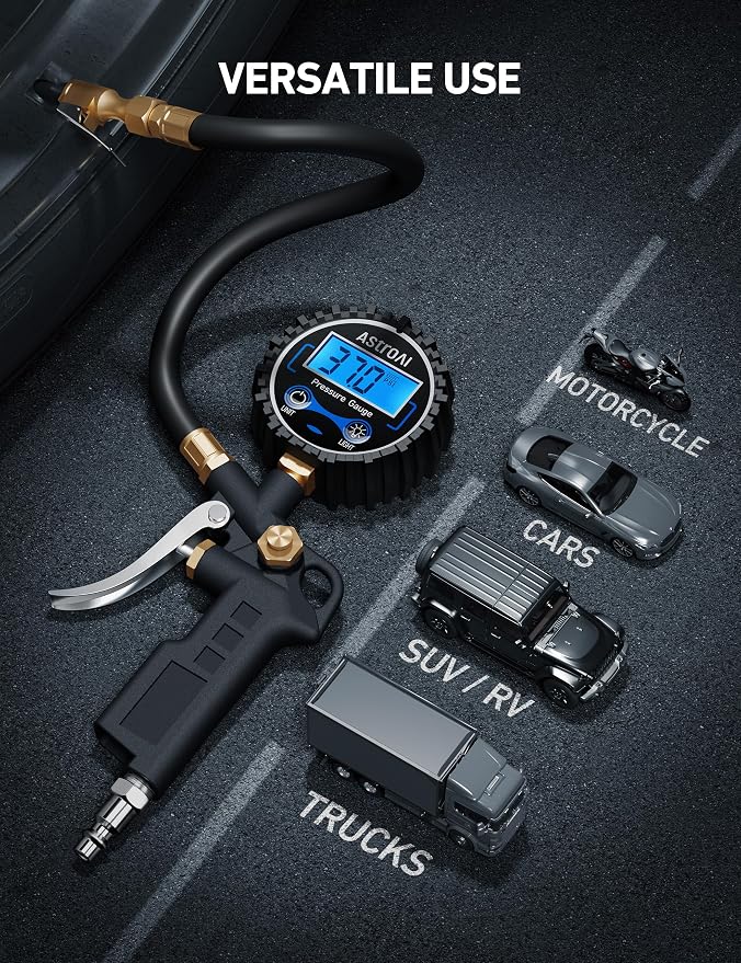 Digital Tire Pressure Gauge with Inflator, 3-250 PSI Air Chuck & Compressor Accessories Heavy Duty with Quick Connect Coupler, 0.1 Display Resolution, 1Pack Standard