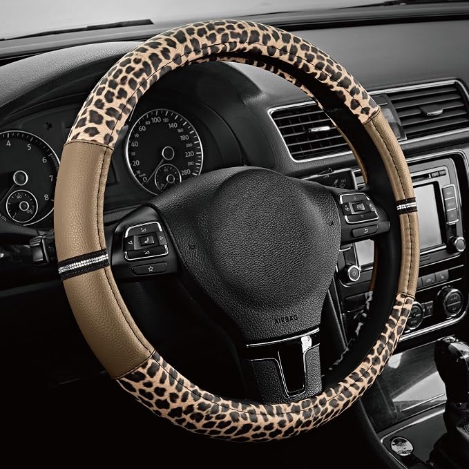 Leopard Steering Wheel Cover for Women, Cute Anti-Slip Microfiber Leather, Universal Fit 14.5-15 Inch Round Steering Wheel - Beige