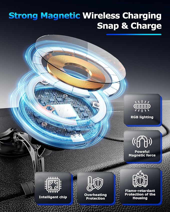 Magnetic Wireless Charging Car Phone Holder with 15W Fast Charging & Strong Vacuum Suction, 360° Rotatable Dashboard & Windshield Mount for Magsafe iPhone 17/16/15/14/13 Android Galaxy S24/S23/S22