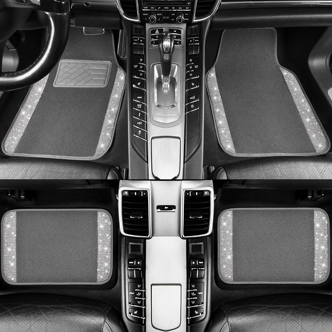 Bling Diamond Car Mats Shining Carpet Crystal Rhinestones Sparkly Glitter Floor Mats with Anti-Slip PVC Heel Pad Universal Fit for Automotive SUV, Sedan, Car, Van, 4pcs for Girl Women, Gray