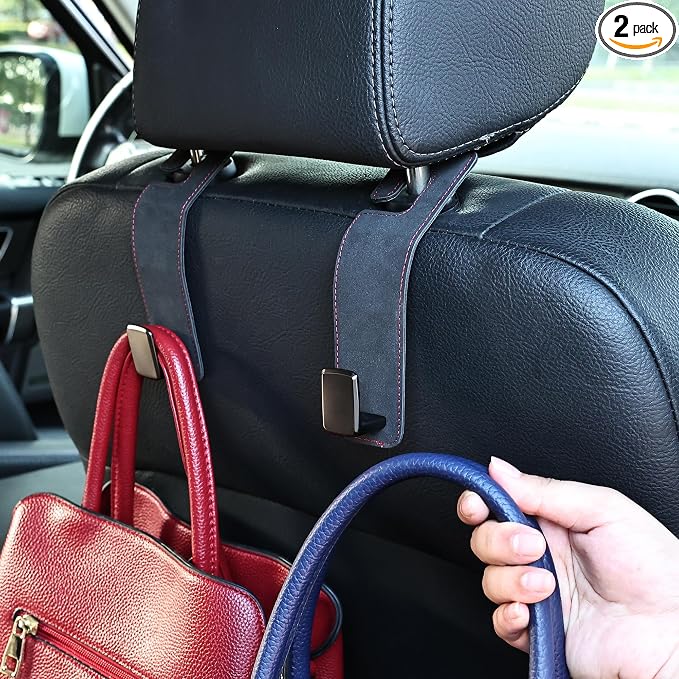 Car Seat Back Hook Universal Auto Storage Hanger Suede with Metal Car Seat Organizer for Handbag Purse Coat Umbrellas Grocery Bags 2 Pack Black