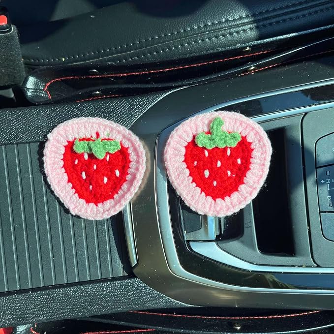 Crochet Steering Wheel Cover Set,Cute Car Steering Wheel Cover Boho 14-15in,Pink Strawberry Granny Square Pattern,Women Car Accessories (Wheel Cover Set)