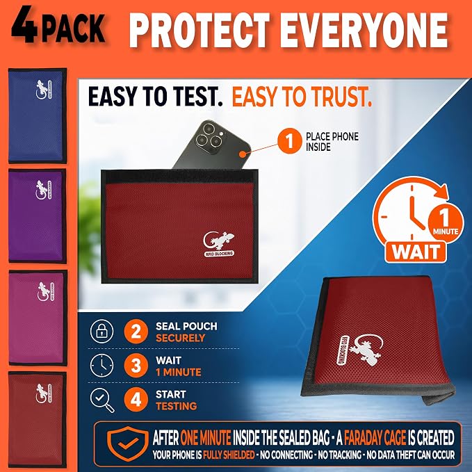 Faraday Bag for Phones & Key Fobs – RFID Shielding Privacy Pouch for Electronic Device Storage, Faraday Sleeve Variety Color Bundle (4 PACK - RAINBOW)