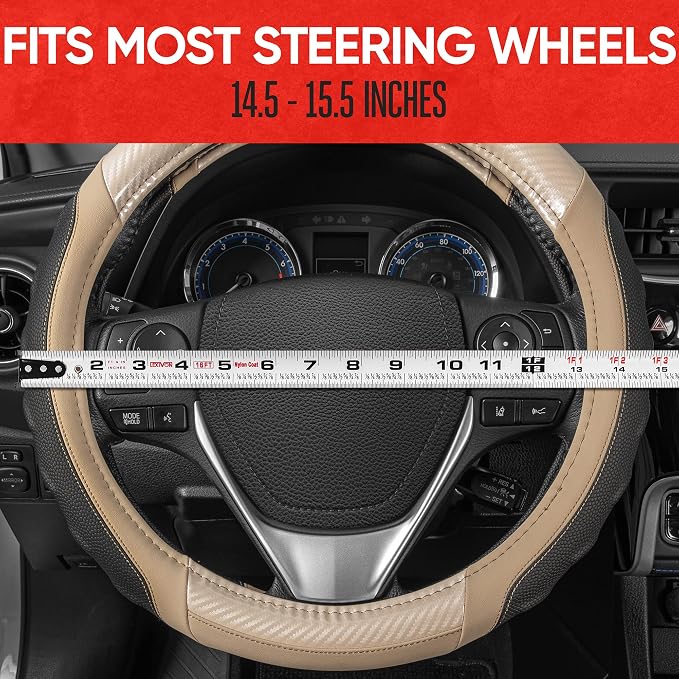 UltraSport Beige Carbon Fiber Steering Wheel Cover, Standard 15 inch Size, Black Faux Leather Comfort Grip, Car Steering Wheel Cover for Auto Truck Van SUV