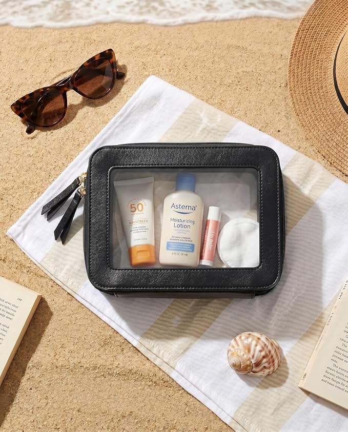 Clear Makeup Bags for Beach, TSA Approved Toiletry Bag with Zipper, Clear Beach Makeup Organizer Fit Carry-on Travel Essentials,Small Cosmetic Bags for Women Men (O-Black)