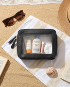 Clear Makeup Bags for Beach, TSA Approved Toiletry Bag with Zipper, Clear Beach Makeup Organizer Fit Carry-on Travel Essentials,Small Cosmetic Bags for Women Men (O-Black)
