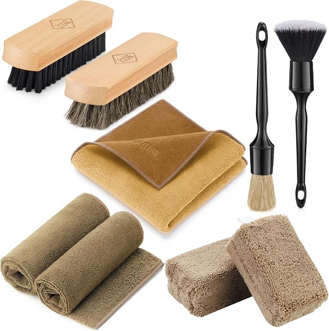 9PC Car Detailing Kit，Boars Hair Brush，Horse Hair Bristle，Suede-Coral Cloth，Car Dust Brush，Microfiber Towel & Applicator，Scratch-Free & Ultra-Soft for Leather, Seats & Interior Cleaning