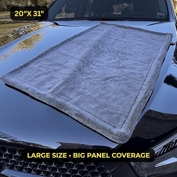 Sleek Max Dry 2000GSM Car Drying Towel 20x31, Grey | Ultra-plush twist-loop microfiber, maximum absorption, soft on paint, double-sided, cars, trucks, SUVs & full-vehicle drying