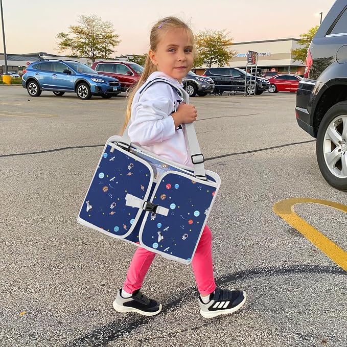 Car Seat Tray for Kids, Essential for Car Travel & Airplane Trips | Toddler Gift with Educational Drawing Board, Tablet Holder, Cooler Cup Holder & Storage Pocket, Space Pattern, Dark Blue